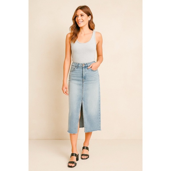 Rewash Women Denim Maxi Skirt Size 27 Raw Hem Front Slit Boho 90s Y2K Festival - Picture 4 of 14